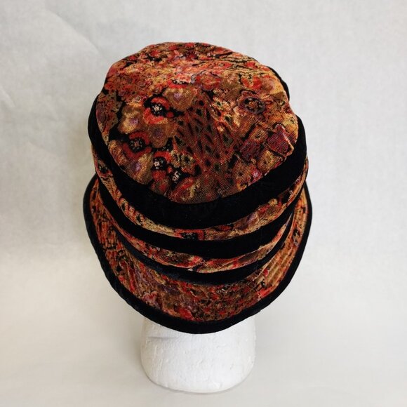 Scala Collezione Bucket Hat Women's Black Floral Stripe Velvet Velour Cloche O/S - Picture 7 of 14